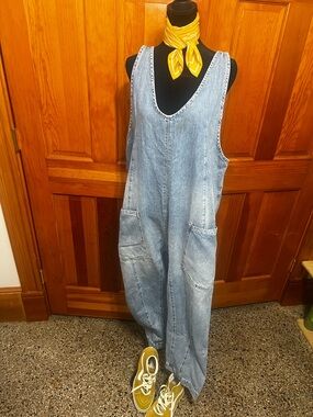 We The Free Light Wash Denim Pocket Jumpsuit